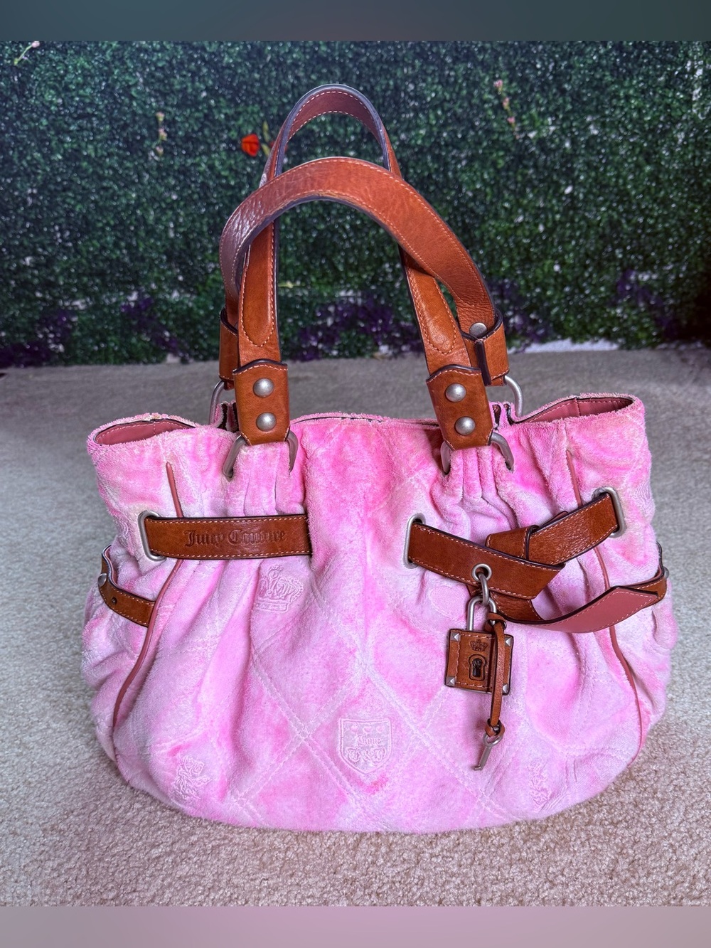 Juicy Couture Pink Shoulder Tote with Brown Leather Trim - Picture 14 of 16